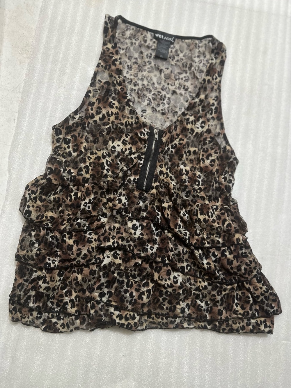 Wet Seal Brown and Black Leopard Ruffle Zip Tank
